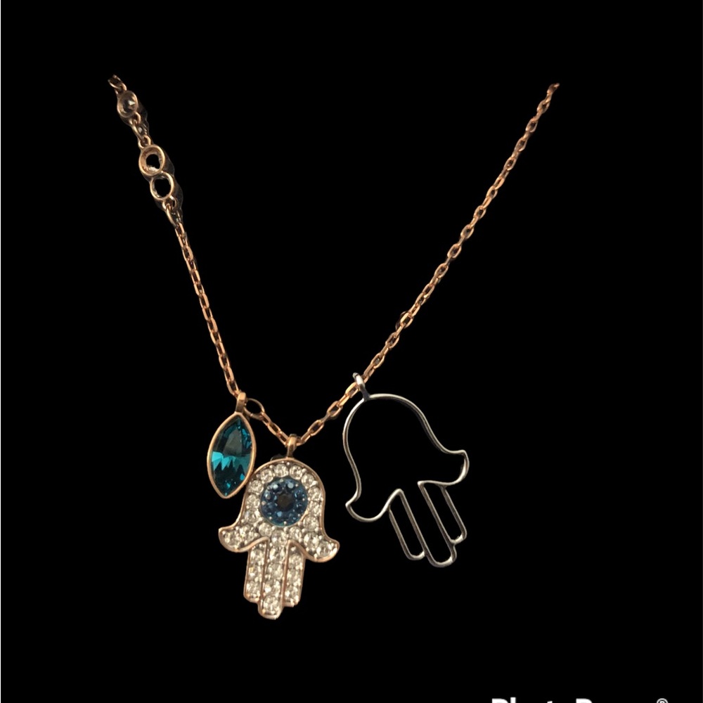 Gold, Silver and Blue Swarovski Hamsa Necklace